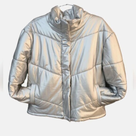 Steve Madden Metallic Silver Downtown Bomber Puffer Jacket NWT Sz Small - Picture 6 of 12